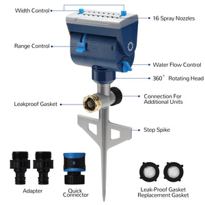 Airthereal Oscillating Sprinkler with Metal Step Spike and Quick Connect Adapter Set, Control Watering Range, Width, and Flow Rate, Covers up to 4,069 sq.ft., Blue