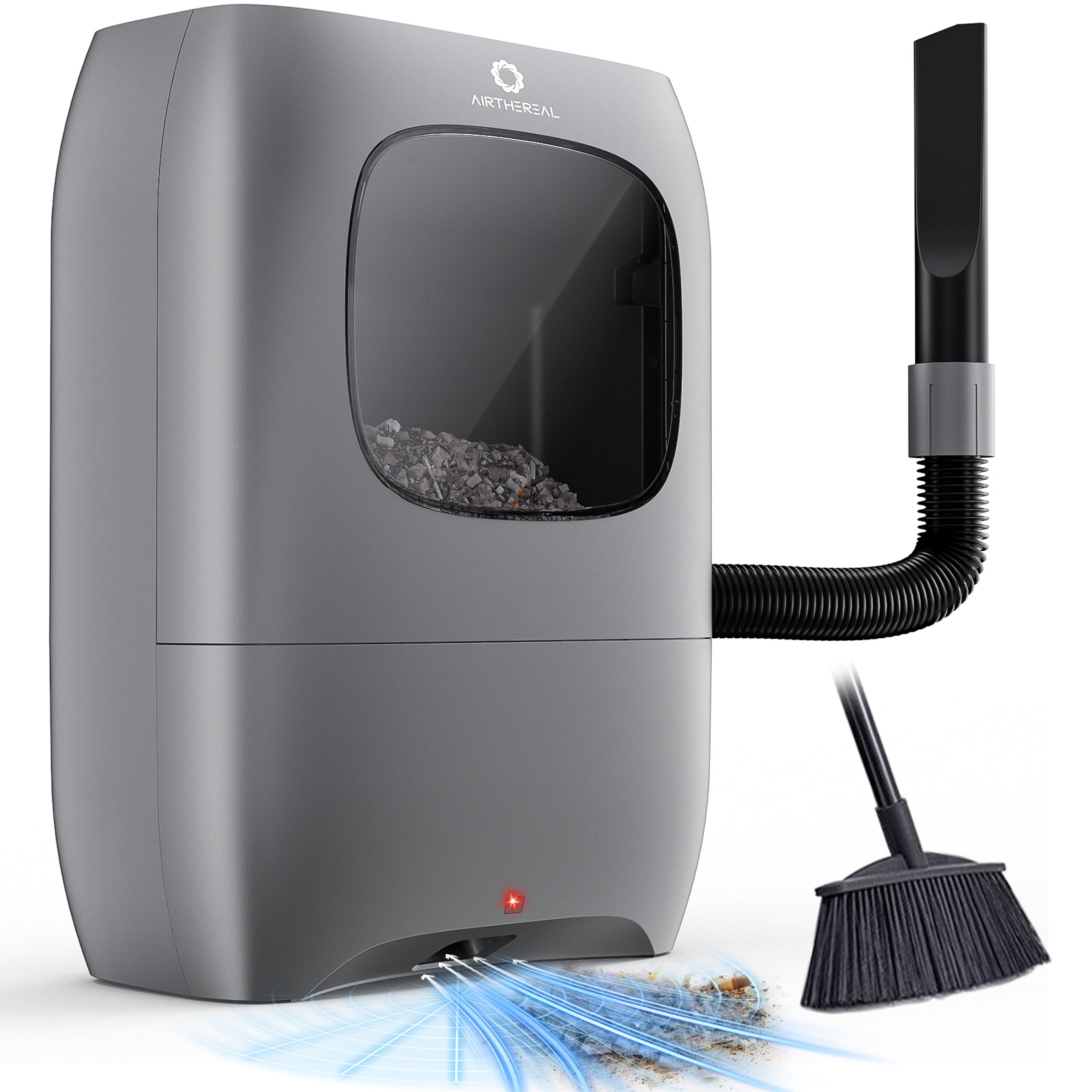 Gray dustpan with black hose and brush on a white background