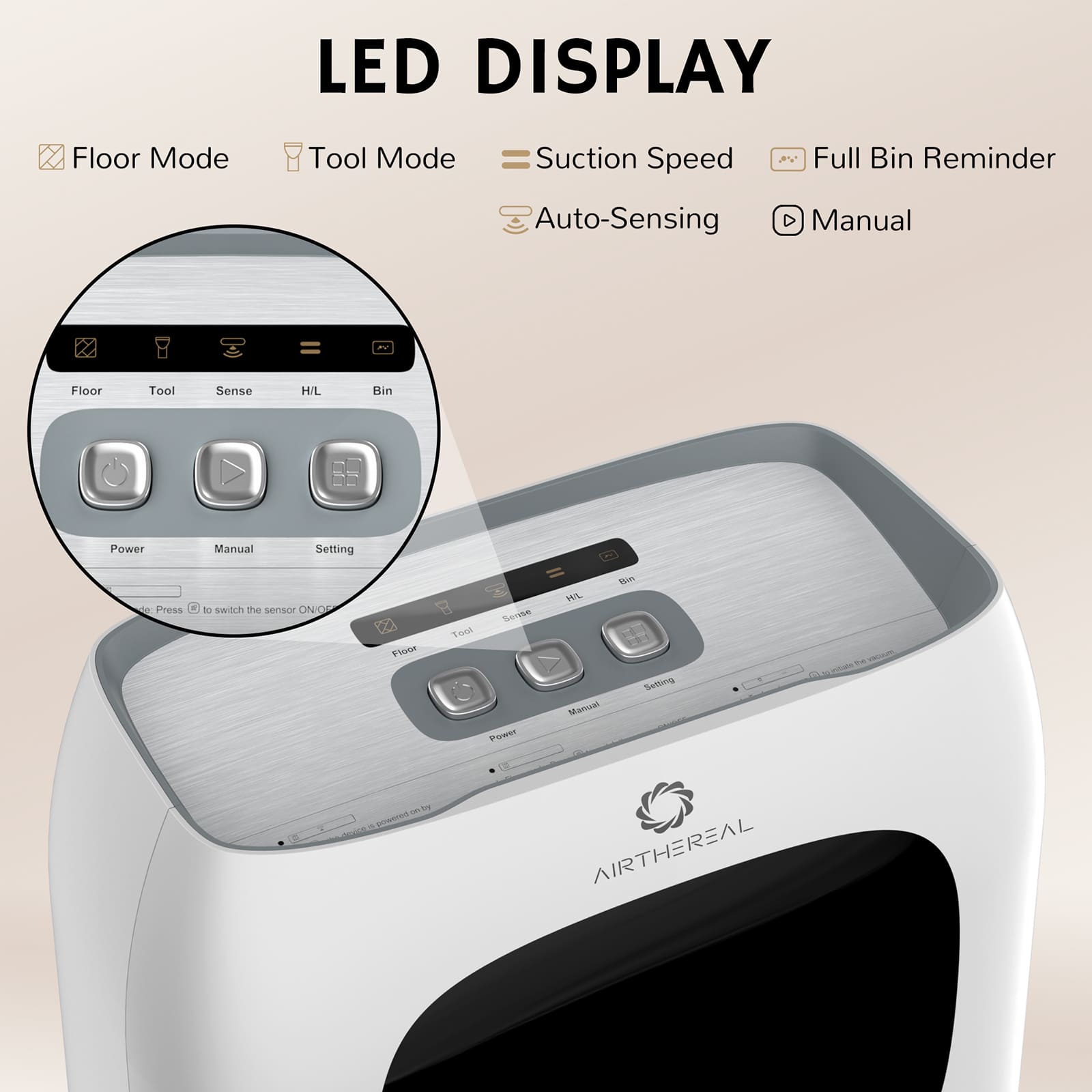 Control panel of a vacuum cleaner with LED display and various mode buttons on a beige background.