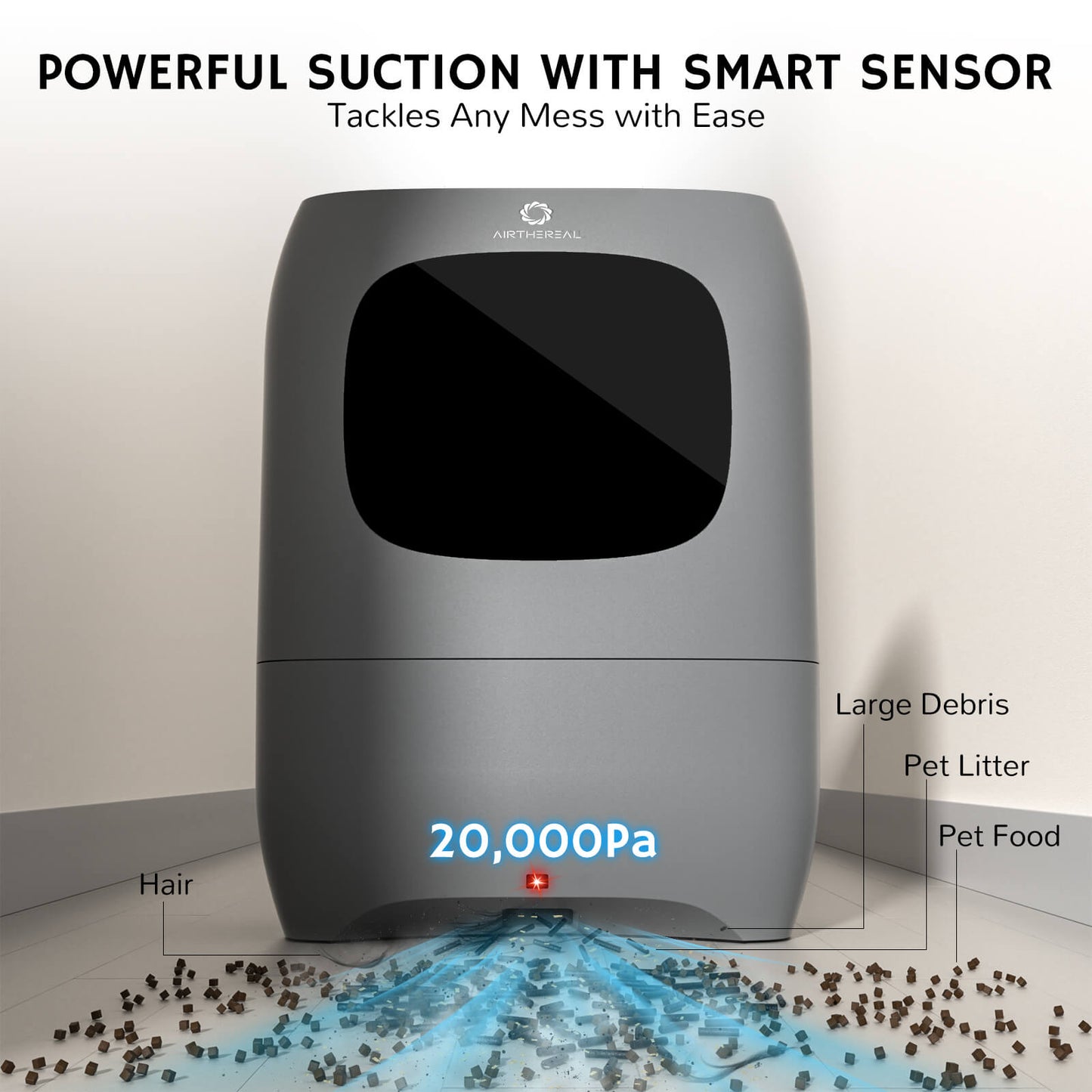 Gray vacuum cleaner with text highlighting powerful suction and smart sensor technology on a white background.