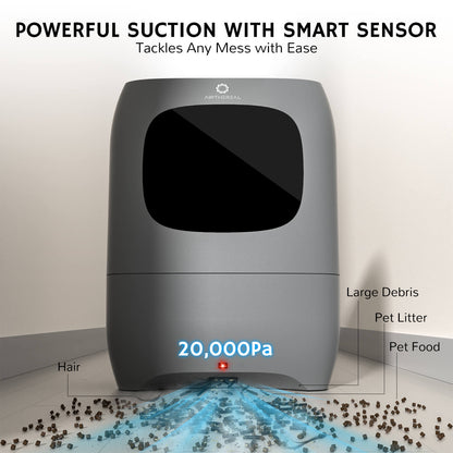 Gray vacuum cleaner with text highlighting powerful suction and smart sensor technology on a white background.