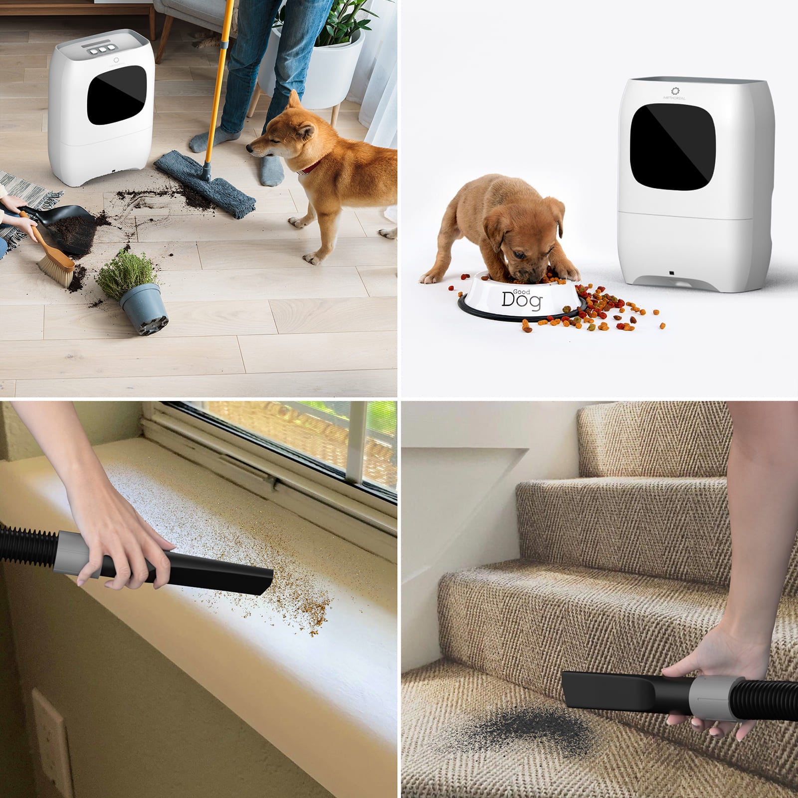 Collage of a pet cleaning device in use on various surfaces with a dog and a person present.