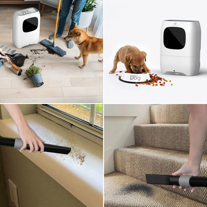 Collage of a pet cleaning device in use on various surfaces with a dog and a person present.