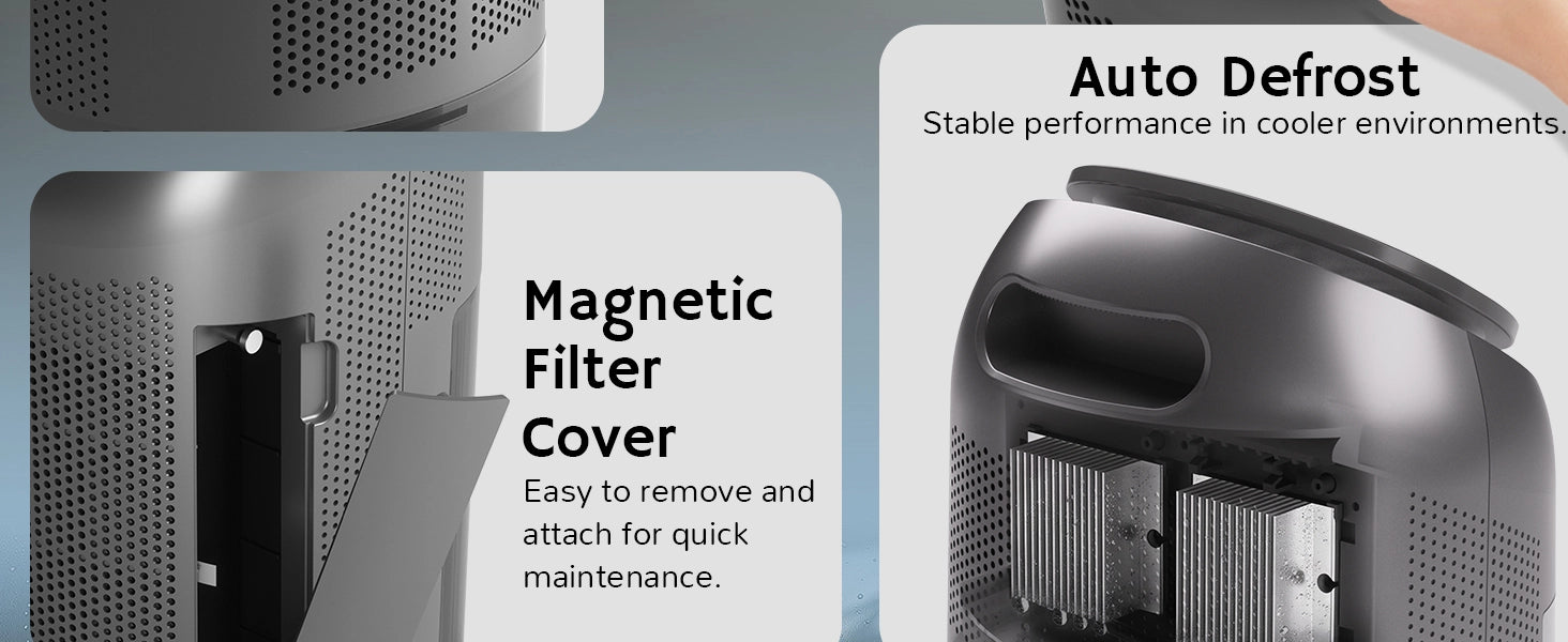 Product features including magnetic filter cover and auto defrost system on a gray background.