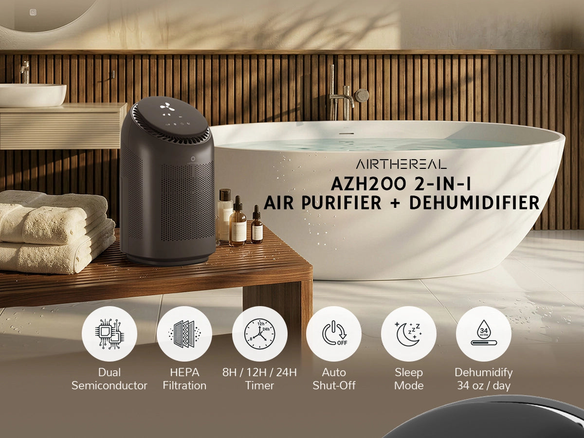 Air purifier and dehumidifier on a wooden table in a bathroom setting