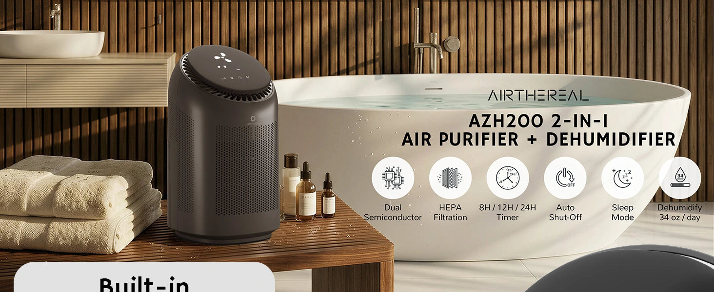 Air purifier and dehumidifier on a bathroom counter with branding and product features displayed.