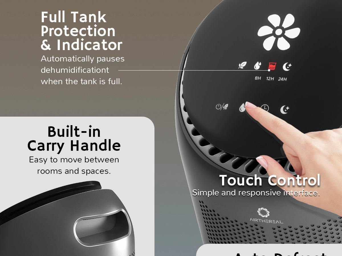 Dehumidifier with touch control panel and built-in carry handle, featuring text on tank protection and indicator.
