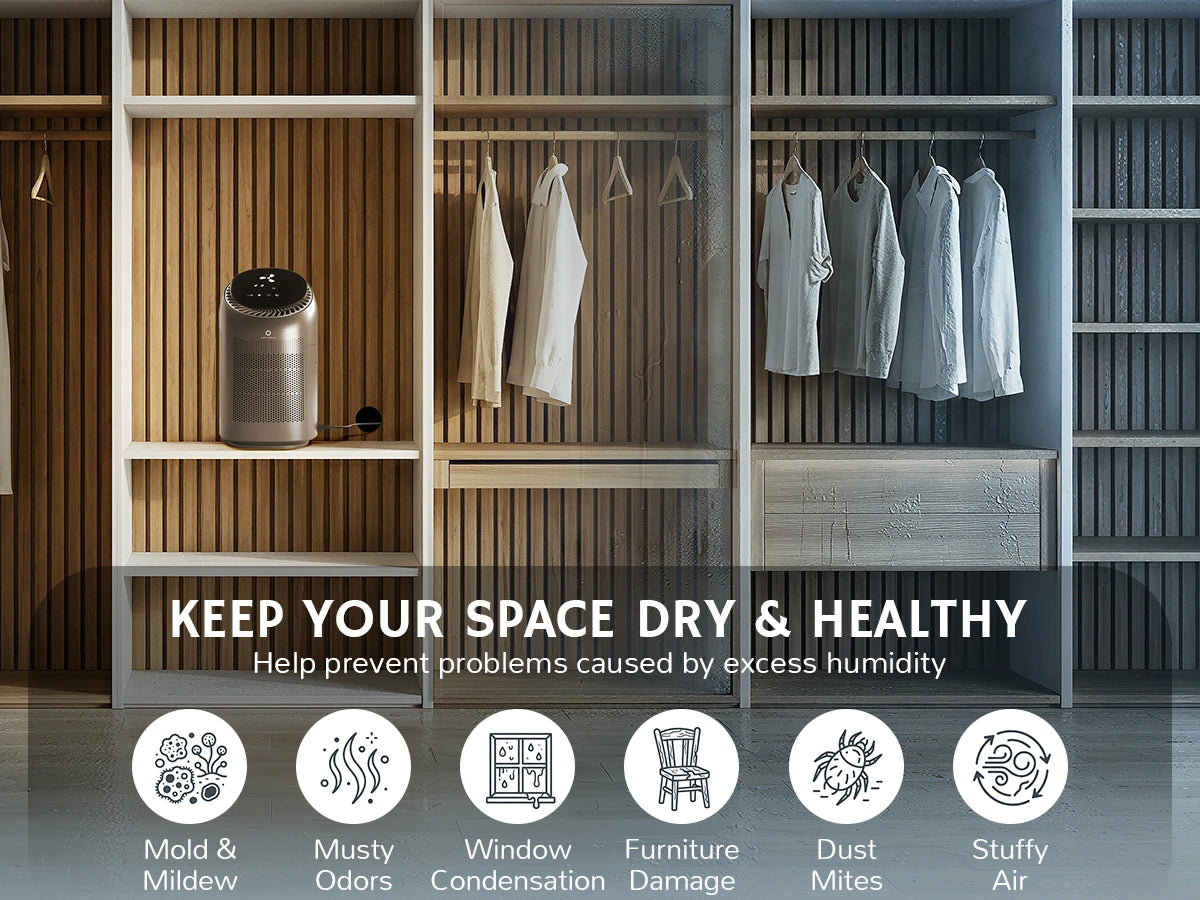 Modern closet with clothes and a dehumidifier, promoting dry and healthy space.