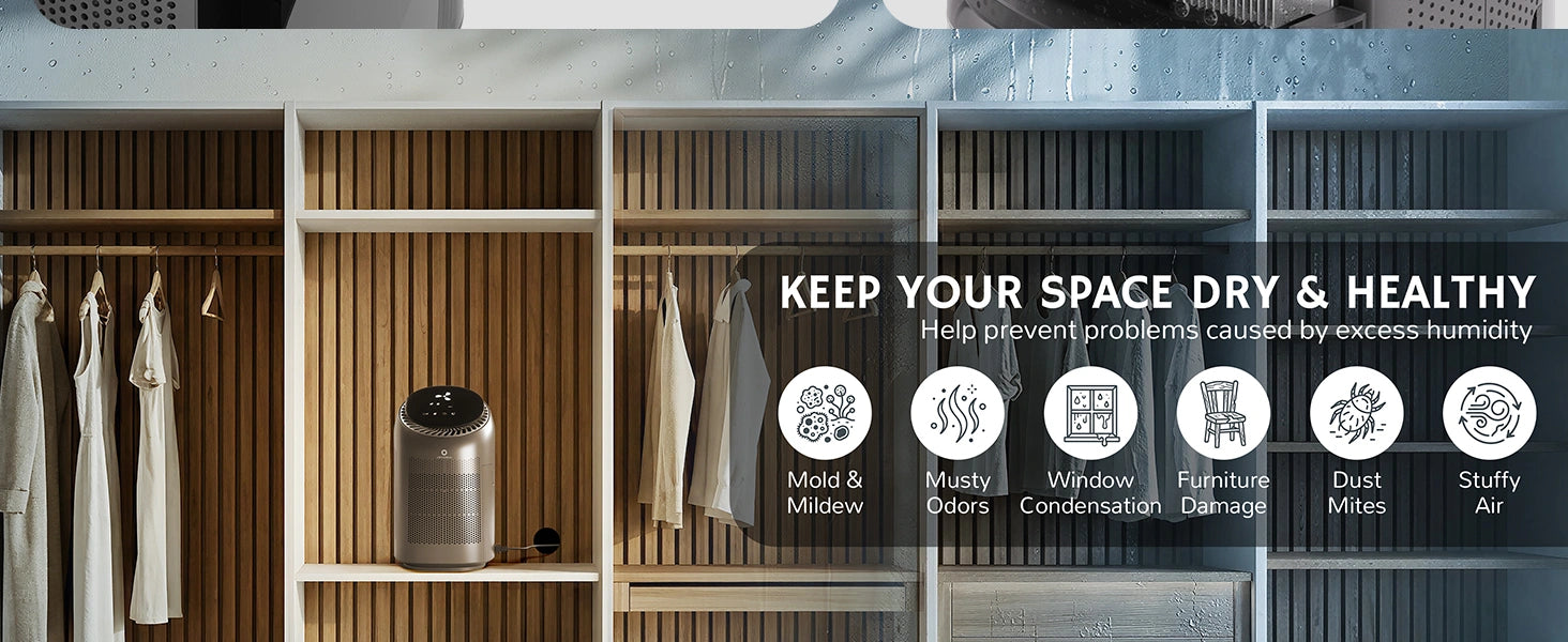 Clothing rack with dryer and text about maintaining dry and healthy space