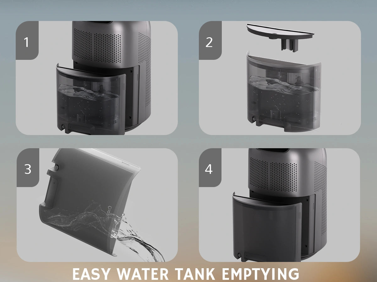 Step-by-step guide on how to empty a water tank, with labeled images and text.