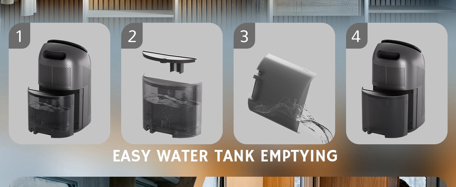 Step-by-step guide for easy water tank emptying with labeled images and text.