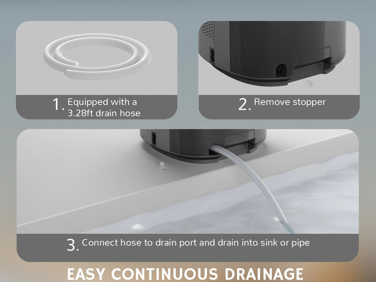 Instructions for using a device with a drain hose, showing steps on a gray background.