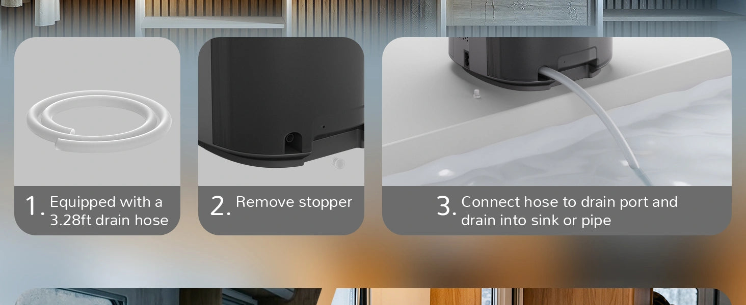 Step-by-step guide on using a drain hose with images and text instructions.