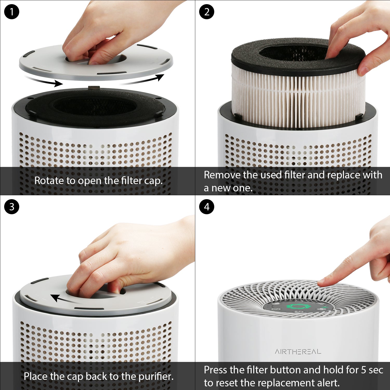 Airthereal air purifier filter reset button location