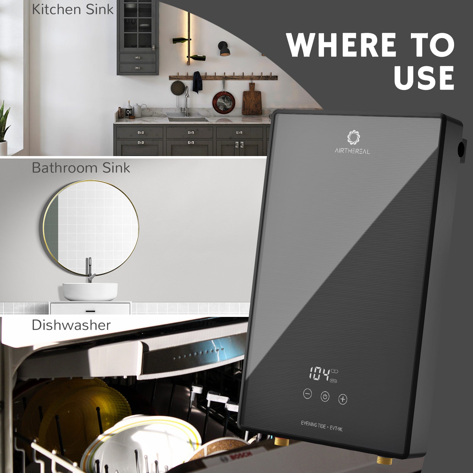 Airthereal Electric Tankless Water Heater, 240Volts - Endless On-Demand Hot Water - Self Modulates to Save Energy Use - for Sink and Faucet, Evening Tide series 