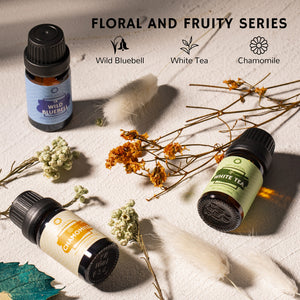 Floral and Fruity Collection: This set includes chamomile and lavender oils for relaxing, citrusy lemon and orange for boosting your mood, white tea for zen garden vibes, and wild bluebell which smells like a fresh spring day. 