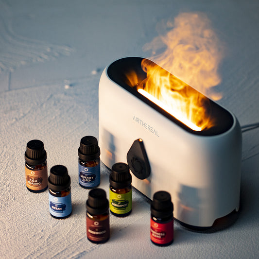 Airthereal Flame Diffuser with Remote Control - Aroma Essential Oil Diffuser and Ultrasonic Cool Mist Flame Humidifier - Timer, Adjustable Mist Mode, LED Lighting Effect (White) 