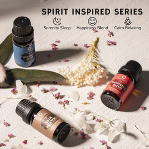 Spirit Inspired Collection: This set includes bergamot for mental clarity, a calm blend for relaxing, a happiness blend to boost your mood, ocean to give you seaside vibes, rosewood for grounding, and a serenity blend for sleeping. 
